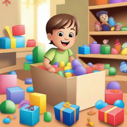 A high-quality digital art image capturing the moment a child opens a toy box, their face lit up with surprise and delight