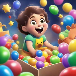 A high-quality digital art image capturing the moment a child opens a toy box, their face lit up with surprise and delight