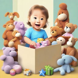 An endearing high-quality digital art image portraying a child opening a toy box, their face filled with surprise and delight