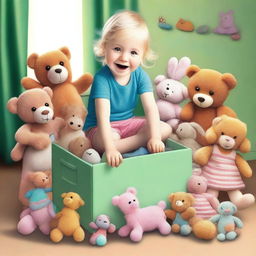 An endearing high-quality digital art image portraying a child opening a toy box, their face filled with surprise and delight