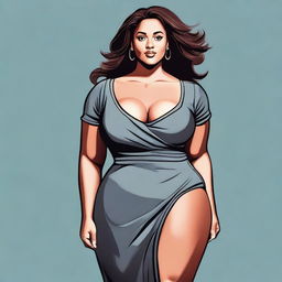 This is a high-quality digital art of a curvy woman in a casual dress