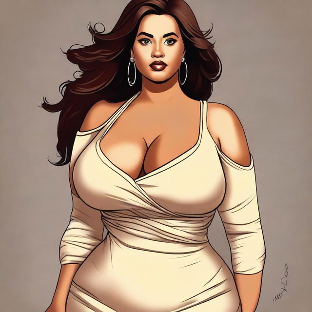 This is a high-quality digital art of a curvy woman in a casual dress