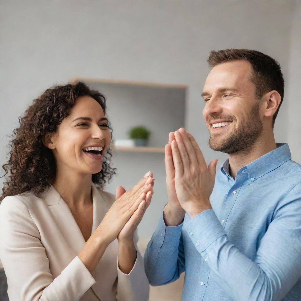 A woman enthusiastically clapping for her husband, the room filled with joy and pride for his recent success