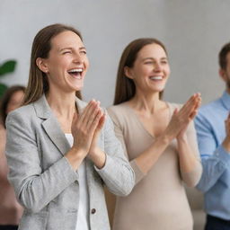 A woman enthusiastically clapping for her husband, the room filled with joy and pride for his recent success