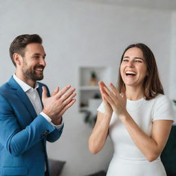 A woman enthusiastically clapping for her husband, the room filled with joy and pride for his recent success