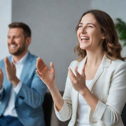 A woman enthusiastically clapping for her husband, the room filled with joy and pride for his recent success