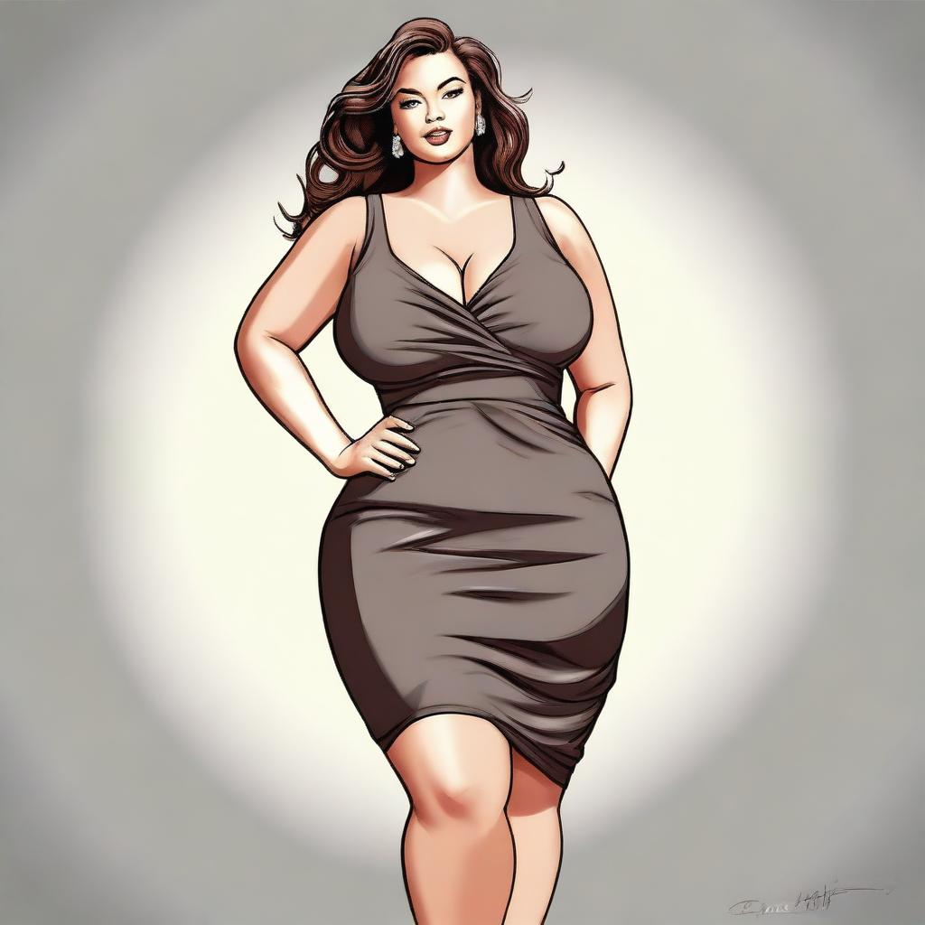 This is a high-quality digital art of a curvy woman in a casual dress