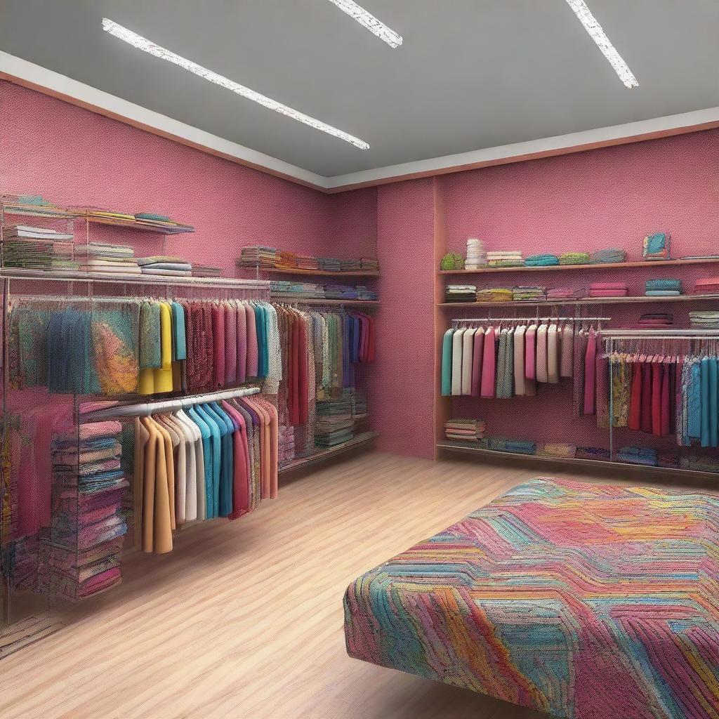 A high-resolution digital art image illustrating a frontal view of a clothing and fabric store