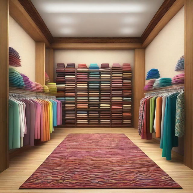 A high-resolution digital art image illustrating a frontal view of a clothing and fabric store