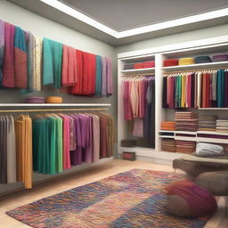 A high-resolution digital art image illustrating a frontal view of a clothing and fabric store