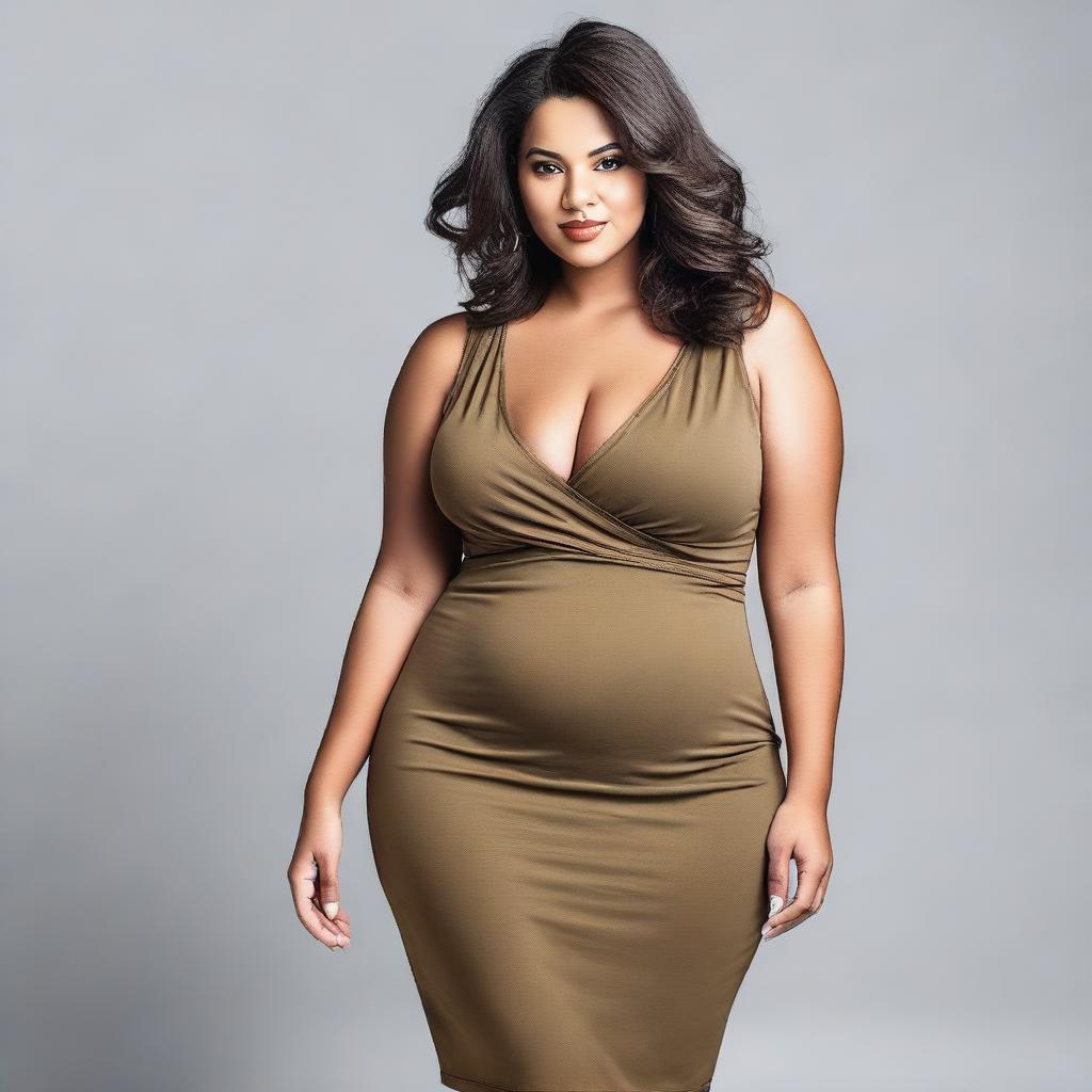 This is a high-resolution photograph of a curvy woman in a casual dress