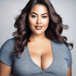 This is a high-resolution photograph of a curvy woman in a casual dress