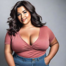 This is a high-resolution photograph of a curvy woman in a casual dress