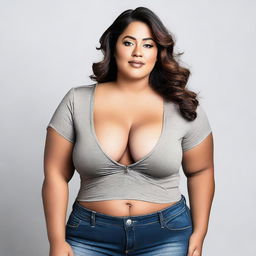 This is a high-resolution photograph of a curvy woman in a casual dress