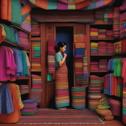 A high-quality digital art image portraying a frontal view of a Guatemalan clothing and fabric store, with a person tending to it