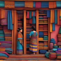 A high-quality digital art image portraying a frontal view of a Guatemalan clothing and fabric store, with a person tending to it