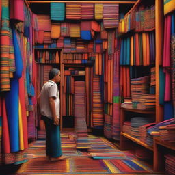 A high-quality digital art image portraying a frontal view of a Guatemalan clothing and fabric store, with a person tending to it