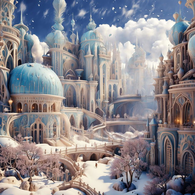 Cinematic hyper-realistic 3D Rococo-inspired alien city in a snowy landscape under clear blue skies with vibrant colours, floral and snow aesthetics, and fantasy vibes in high-definition close-up view.