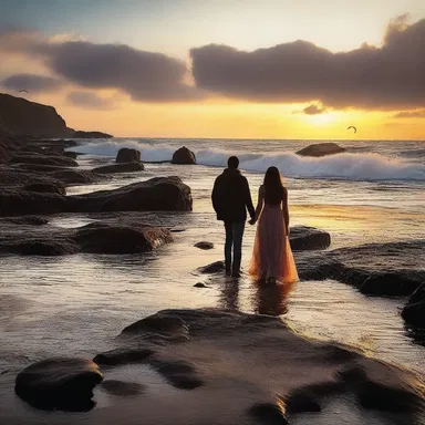 Walking on the rocky shore during a beautiful sunset, they felt like they were in a geologic time of eternal love.