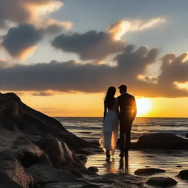 Walking on the rocky shore during a beautiful sunset, they felt like they were in a geologic time of eternal love.