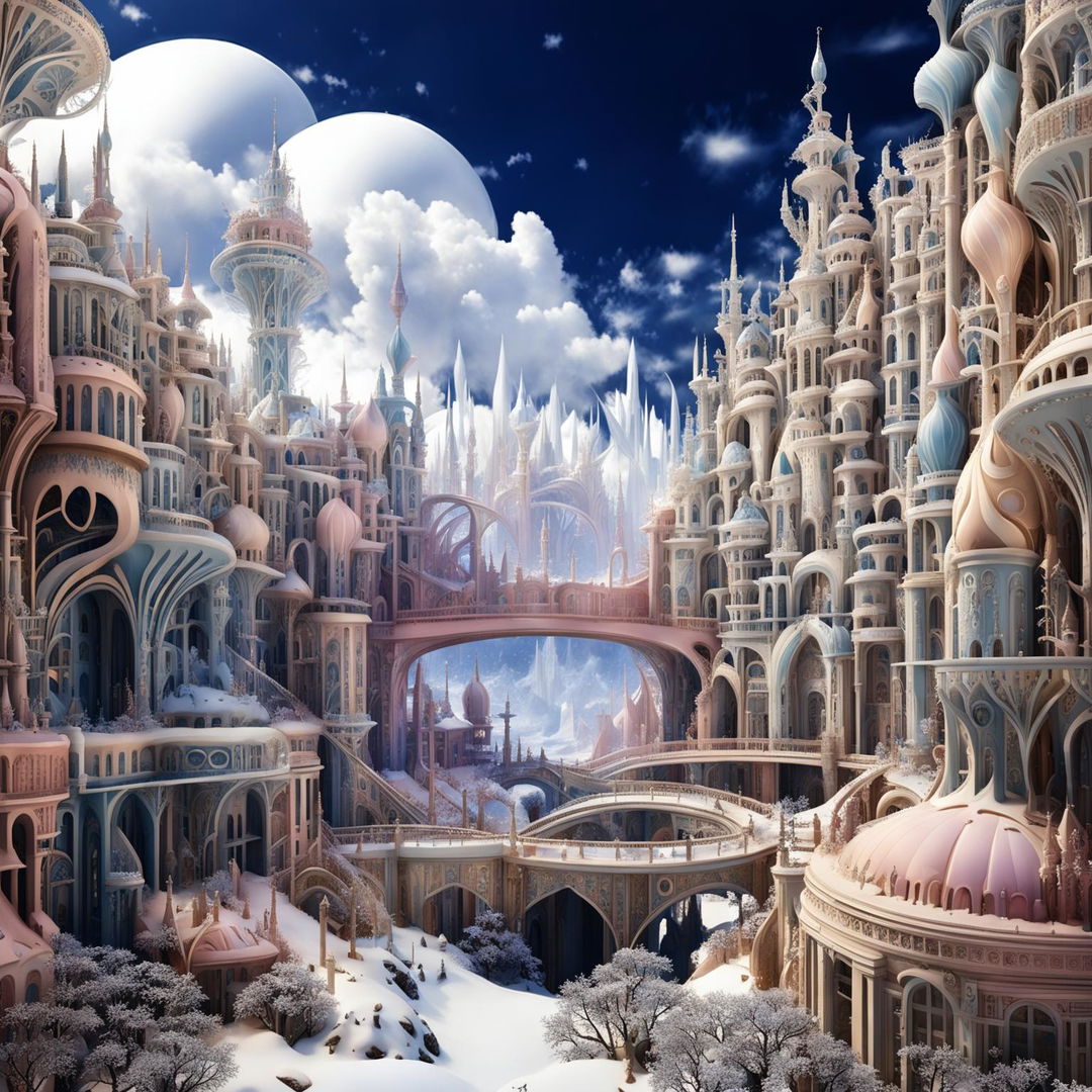 Cinematic hyper-realistic 3D Rococo-inspired alien city in a snowy landscape under clear blue skies with vibrant colours, floral and snow aesthetics, and fantasy vibes in high-definition close-up view.