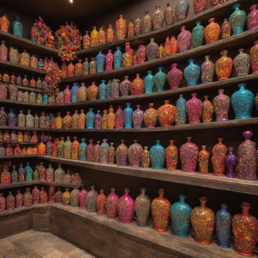 A bright and artistic Ittar store containing 3-4 rows of oversized, colorfully unique perfume bottles in various shapes. Soft touches of small flowers pepper the sides, visually enhancing the array of intoxicating scents.