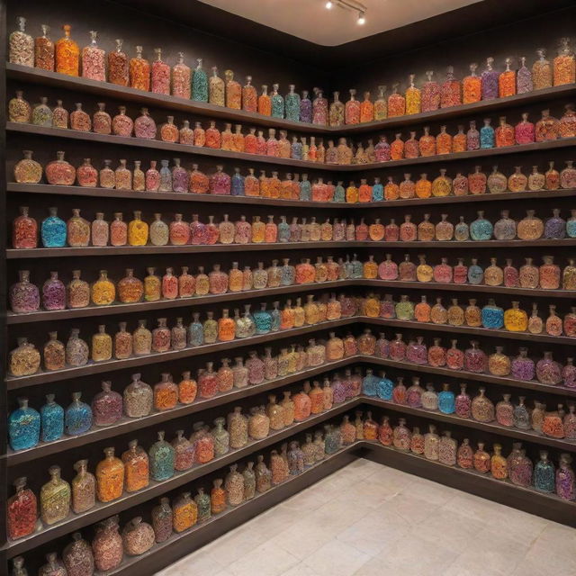 A bright and artistic Ittar store containing 3-4 rows of oversized, colorfully unique perfume bottles in various shapes. Soft touches of small flowers pepper the sides, visually enhancing the array of intoxicating scents.