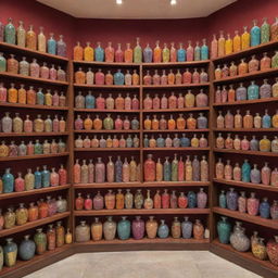 A bright and artistic Ittar store containing 3-4 rows of oversized, colorfully unique perfume bottles in various shapes. Soft touches of small flowers pepper the sides, visually enhancing the array of intoxicating scents.