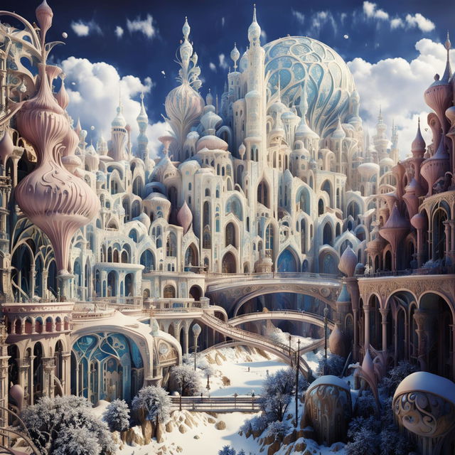 Cinematic hyper-realistic 3D Rococo-inspired alien city in a snowy landscape under clear blue skies with vibrant colours, floral and snow aesthetics, and fantasy vibes in high-definition close-up view.