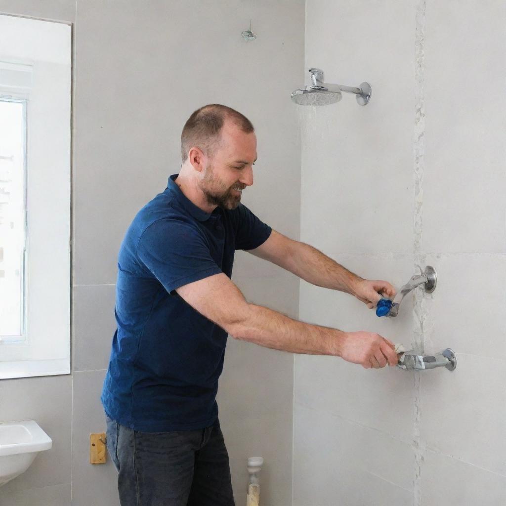 A skilled plumber crafting a corner shower tile shelf in a modern, pristine bathroom