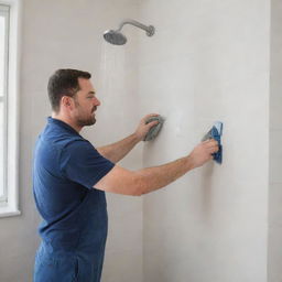 A skilled plumber crafting a corner shower tile shelf in a modern, pristine bathroom