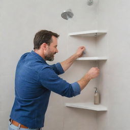 A skilled plumber crafting a corner shower tile shelf in a modern, pristine bathroom