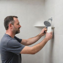 A skilled plumber crafting a corner shower tile shelf in a modern, pristine bathroom