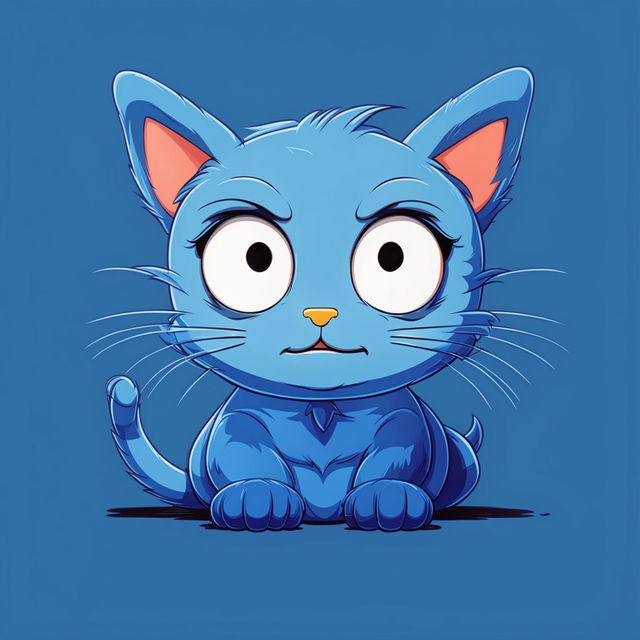 A vibrant blue cartoon cat in the style of The Simpsons with large round eyes, pointed ears, a plump body, and an animated tail against a sky blue background.