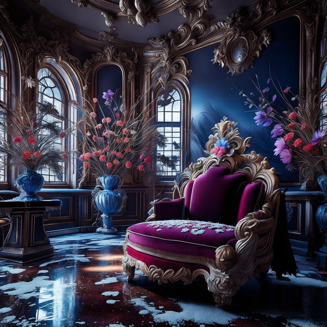 Hyper-realistic 3D photograph of a rococo-style winter throne room. Opulent and vibrant, with a flower and snow aesthetic. Close-up perspective with inane details captured in high definition. Fantasy vibes.