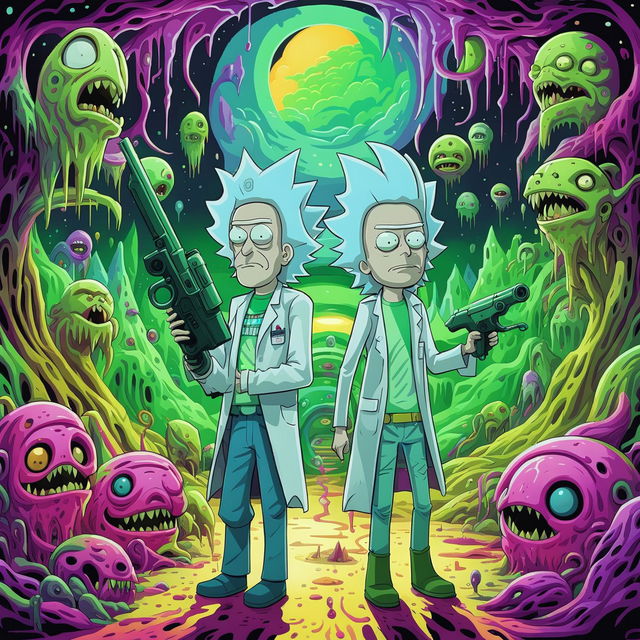 A 'Rick and Morty' style scene with Rick and Morty standing in front of a portal, surrounded by alien creatures.