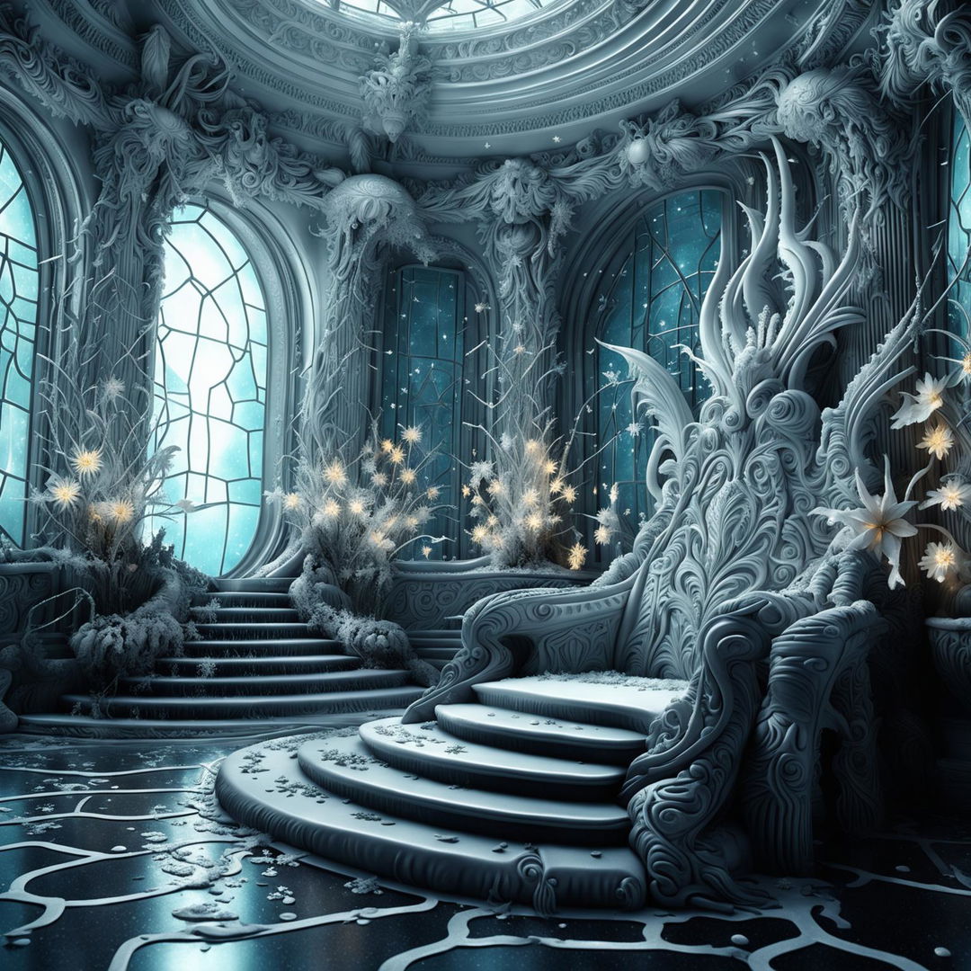 Hyper-realistic 3D Rococo-style alien throne room in winter setting with vibrant flowers and snow aesthetic. High definition close-up shot capturing intricate details.