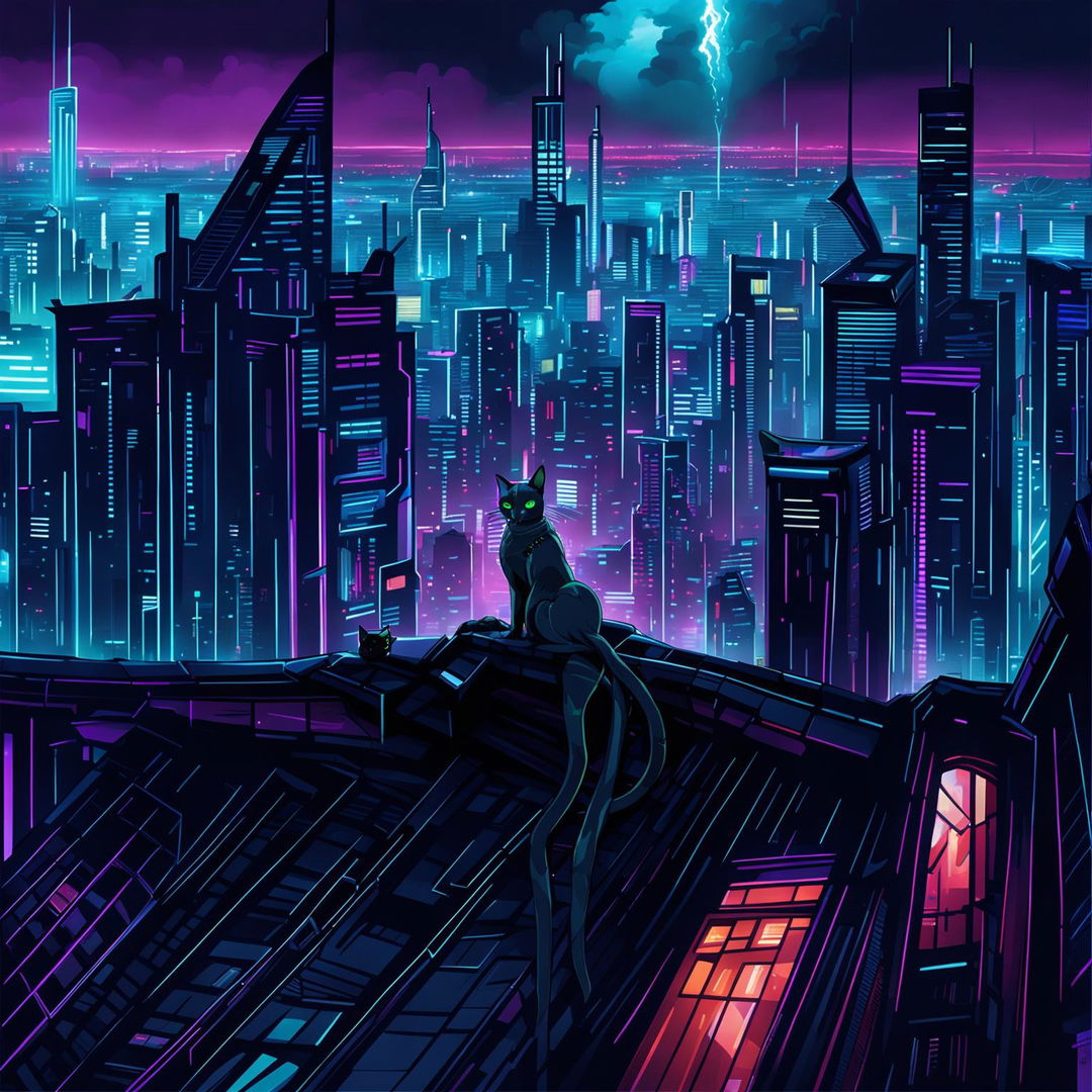 A cybernetic cat on a neon-lit city rooftop, with a high-tech dystopian cityscape in the background.