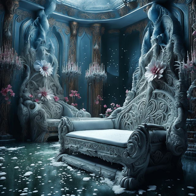 Hyper-realistic 3D Rococo-style alien throne room in winter setting with vibrant flowers and snow aesthetic. High definition close-up shot capturing intricate details.