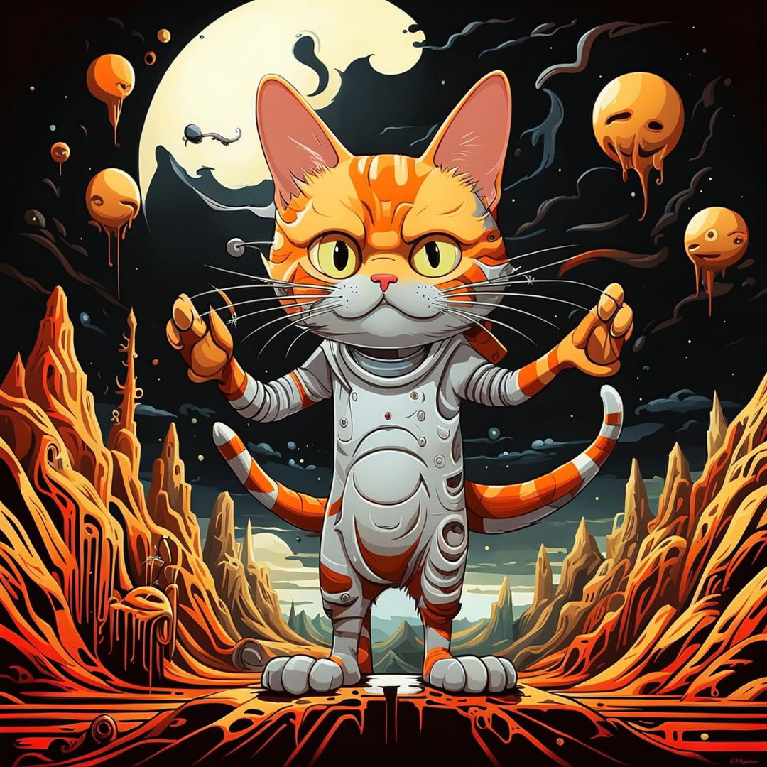 A 'Rick and Morty' style cartoon cat with large eyes, vibrant orange fur, and an elongated body standing on its hind legs against a surreal alien background.