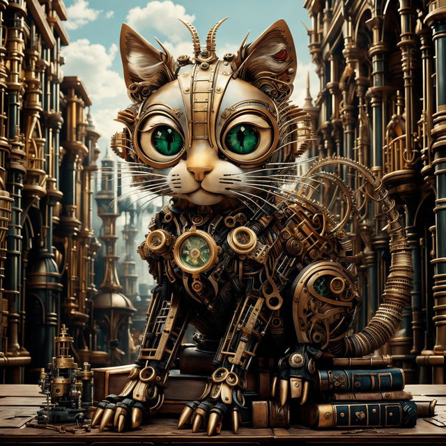 A steampunk cat with glowing emerald eyes, a body of burnished bronze and espresso fur, sitting atop old books and blueprints in a bustling steam-powered city.