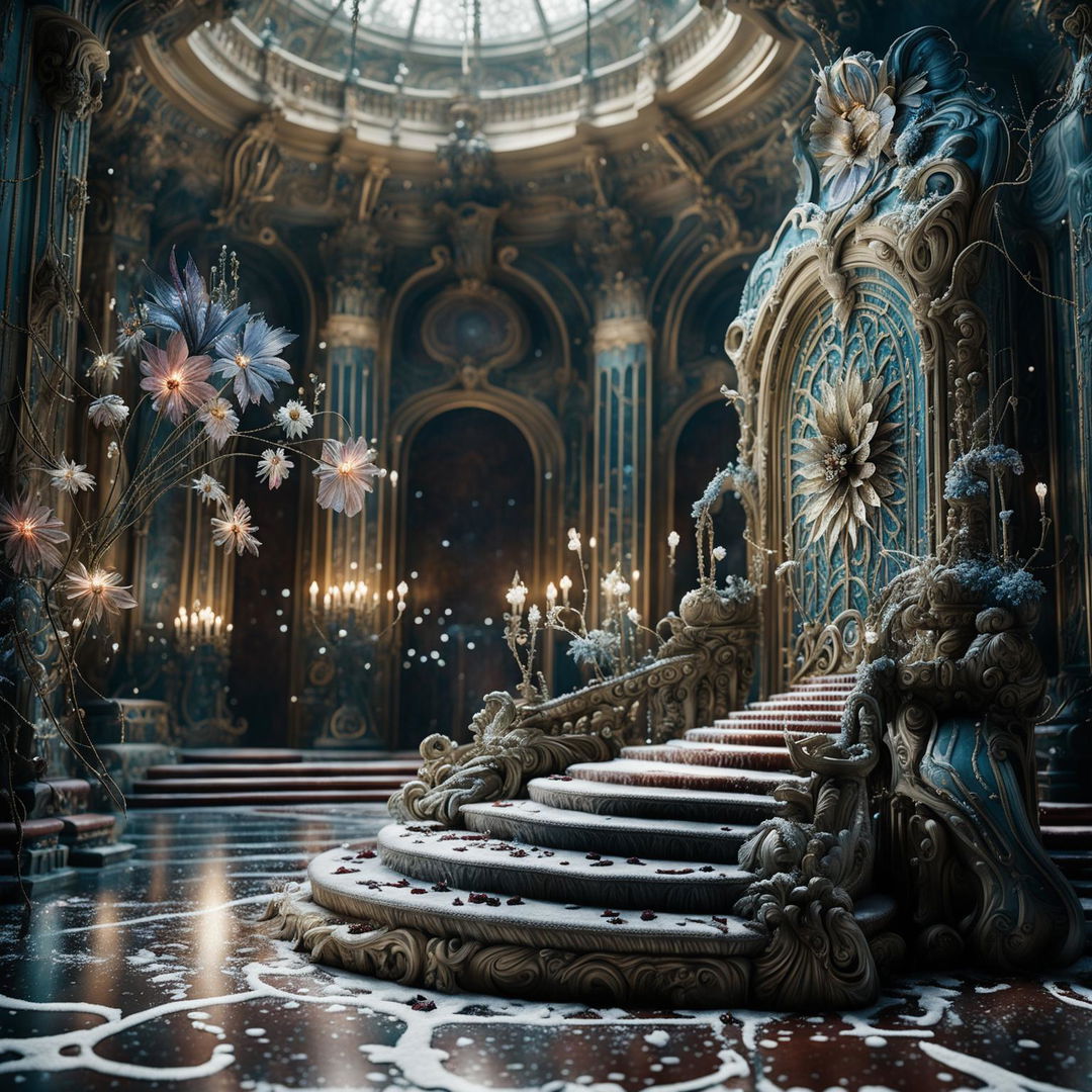 Hyper-realistic 3D Rococo-style alien great hall in winter setting with vibrant flowers and snow aesthetic. High definition close-up shot capturing intricate details.