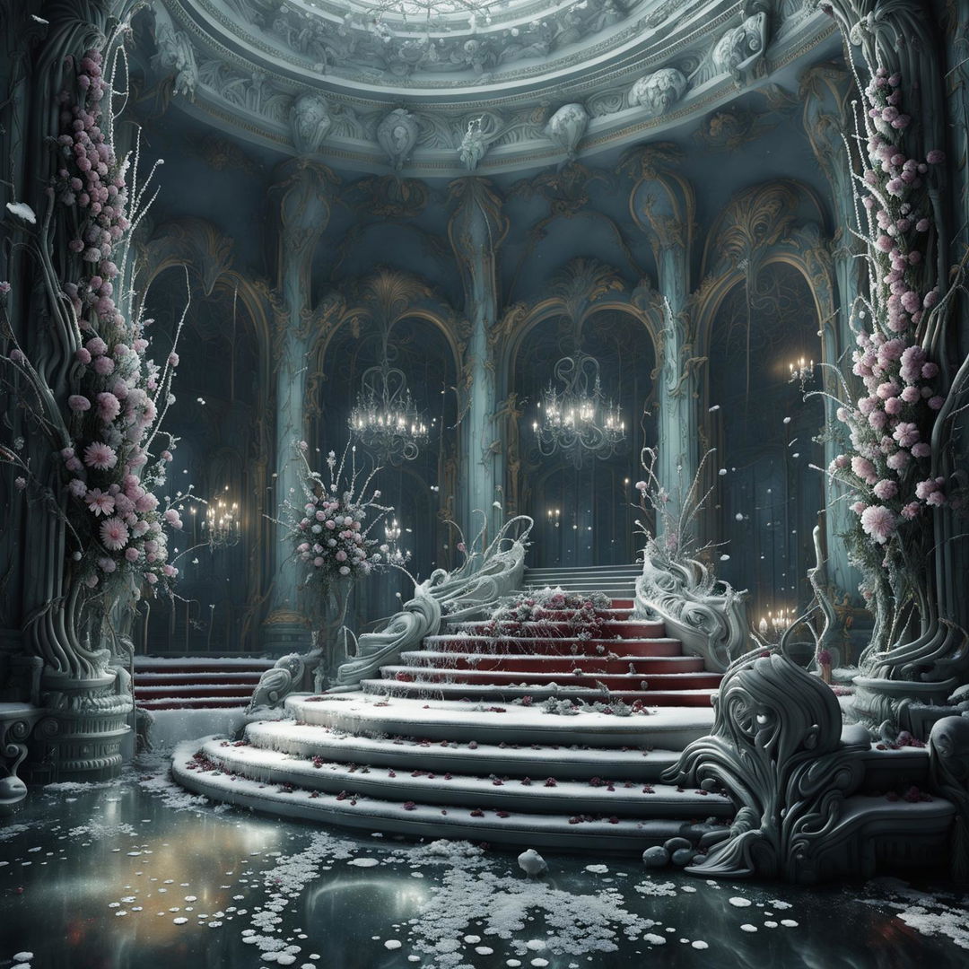 Hyper-realistic 3D Rococo-style alien great hall in winter setting with vibrant flowers and snow aesthetic. High definition close-up shot capturing intricate details.