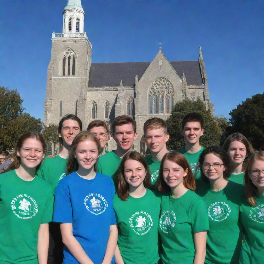 Young members of the 'Saint Patrick Catholic Youth Apostolate' during an outdoor gathering, shown with Saint Patrick’s Church in the background under a clear blue sky.