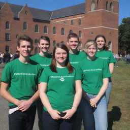 Young members of the 'Saint Patrick Catholic Youth Apostolate' during an outdoor gathering, shown with Saint Patrick’s Church in the background under a clear blue sky.