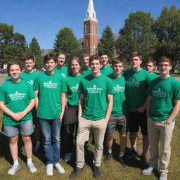 Young members of the 'Saint Patrick Catholic Youth Apostolate' during an outdoor gathering, shown with Saint Patrick’s Church in the background under a clear blue sky.