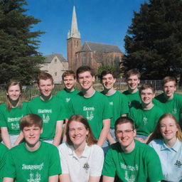 Young members of the 'Saint Patrick Catholic Youth Apostolate' during an outdoor gathering, shown with Saint Patrick’s Church in the background under a clear blue sky.