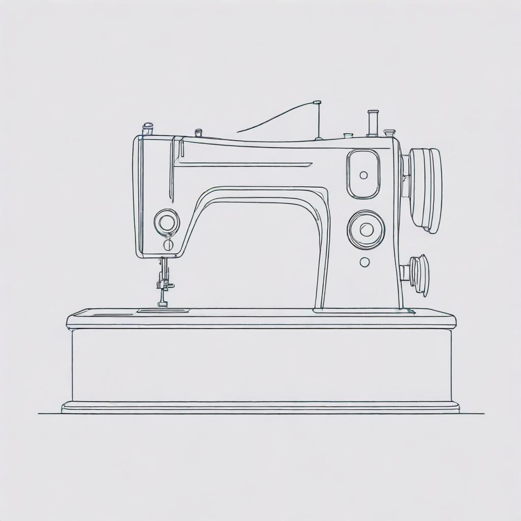 Create a continuous line art illustrative depiction of a sewing machine with a transparent background.