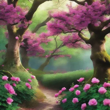 The enchanted forest in the fantasy novel was filled with eglantine bushes with vivid pink flowers.