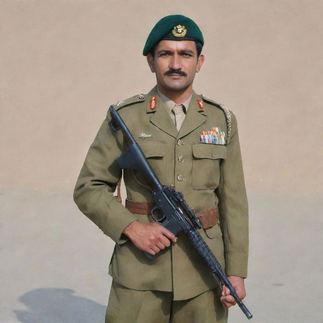 A muscular member of the Pakistan Army, dressed in full uniform and proudly holding a standard issue rifle at ease.